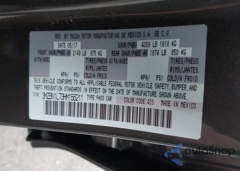 2017 Mazda Mazda3 Touring из США, поврежденный, VIN 3MZBN1L73HM156211